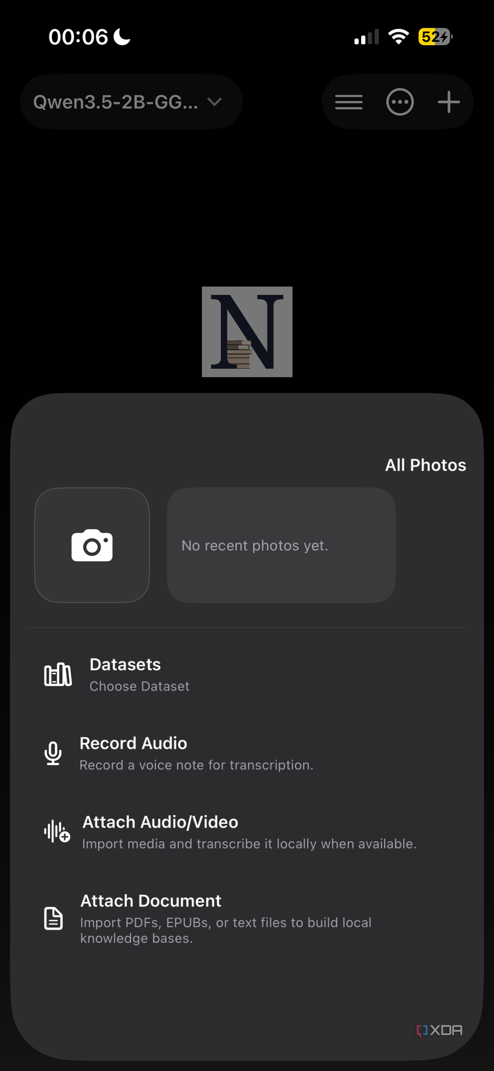 Noema attachment picker with datasets audio and document options